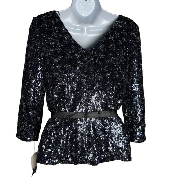 Alex Evenings Navy Blue Sequin Floral Top 3/4 Sleeves Size Small NWT - Picture 4 of 11